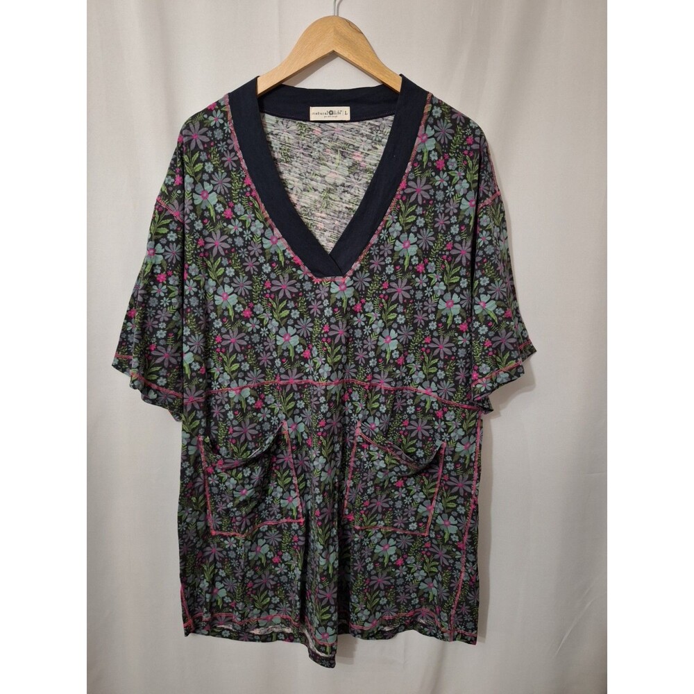 Natural Life Floral Tunic Shirt Sz L Cotton House Dress Short Sleeve Pockets